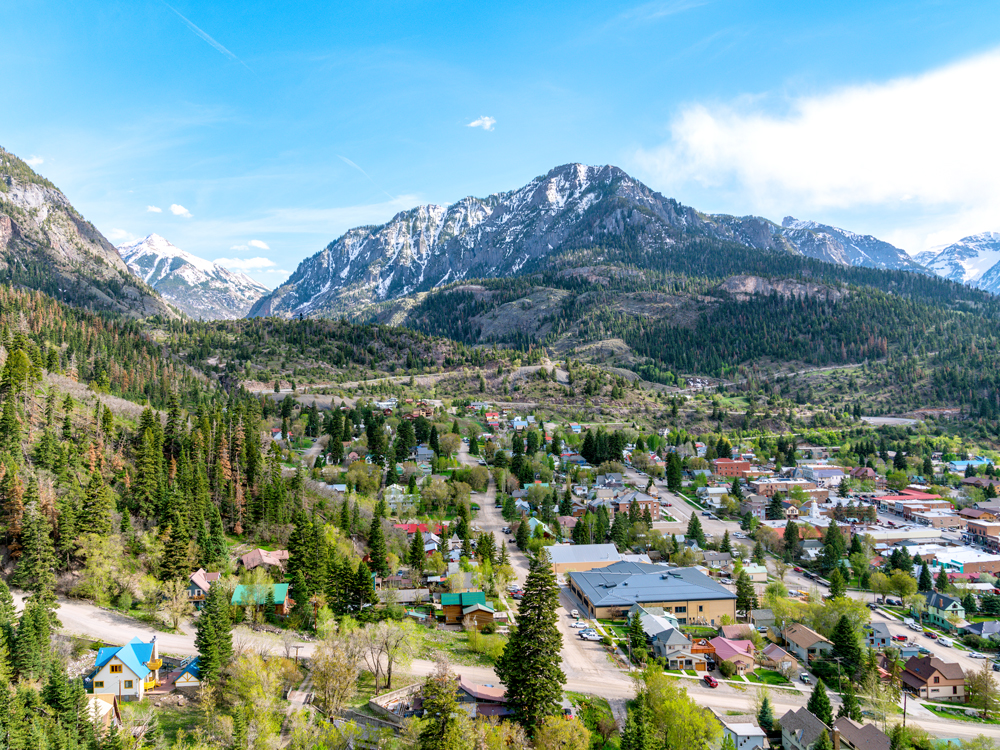 Aerial view of mountain town of Ouray, Colorado