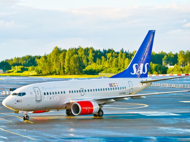 SAS Boeing 737 on airport tarmac