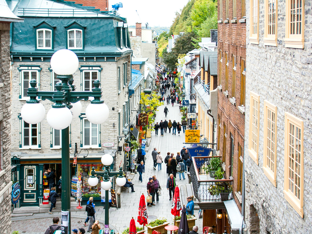 Pedestrians on Rue du Petit-Champlain in Quebec City, Canada, seen from above