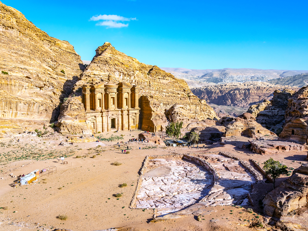 View of Petra's famous Treasury building surrounded by Jordan desert