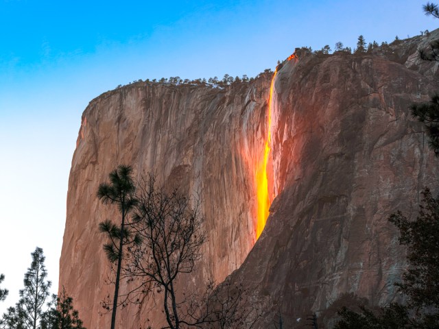"Firefall" waterfall that appears to be lit with flames in Yosemite National Park