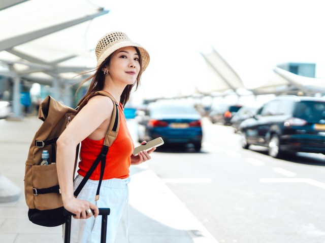 Traveler waiting curbside at airport with luggage