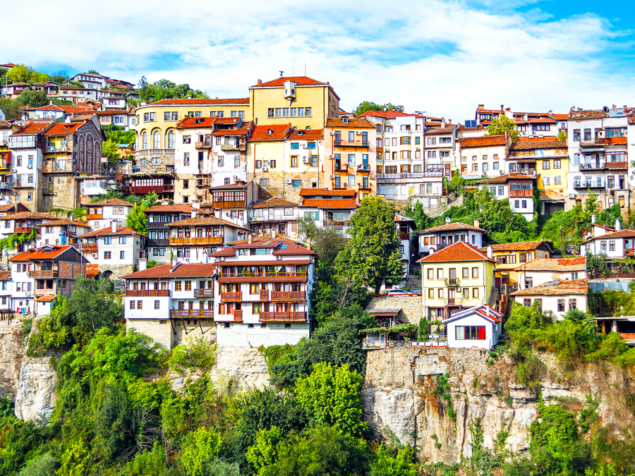 Buildings on steep cliffside in Veliko Tarnovo, Bulgaria