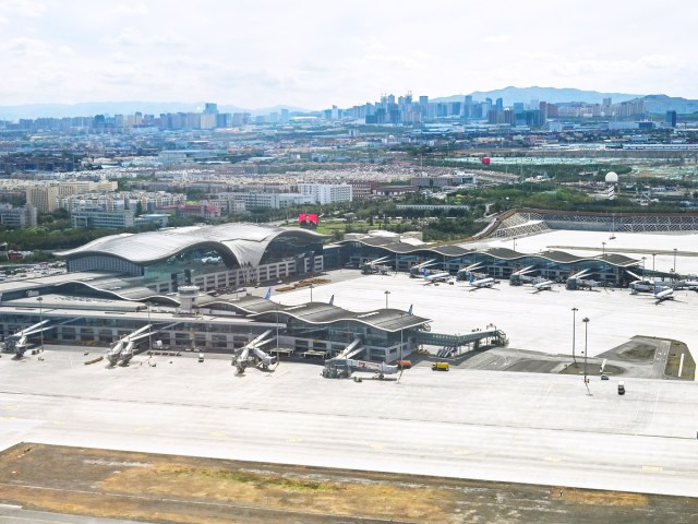 Aerial view of terminal at Urumqi Diwopu International Airport in China