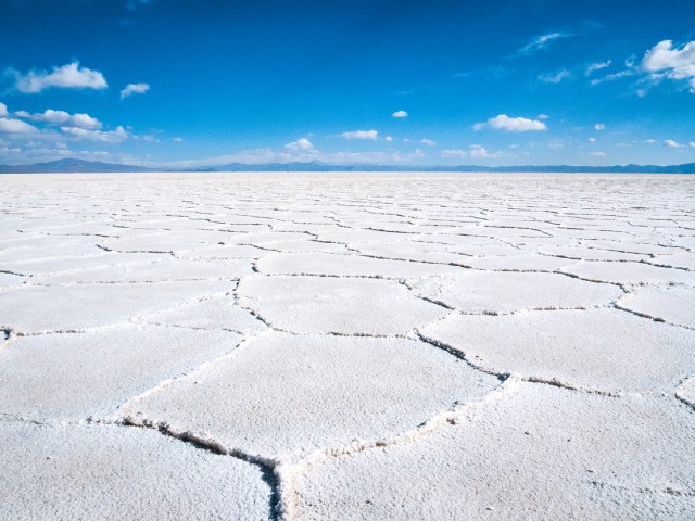 Cracked salt landscape of Salar de Uyuni in Bolivia