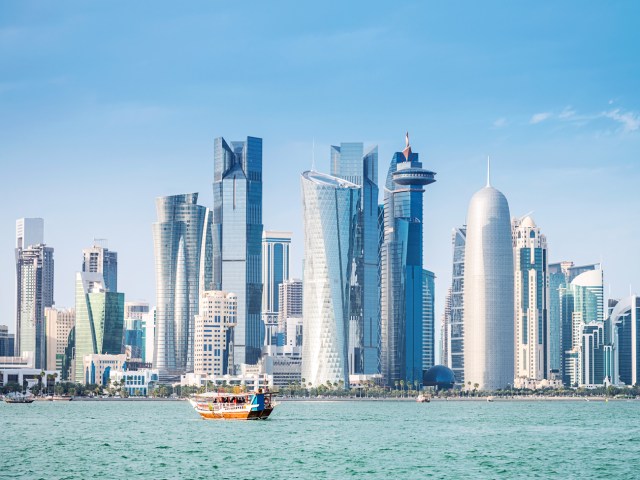 Modern skyscrapers of Doha, Qatar, seen across bay