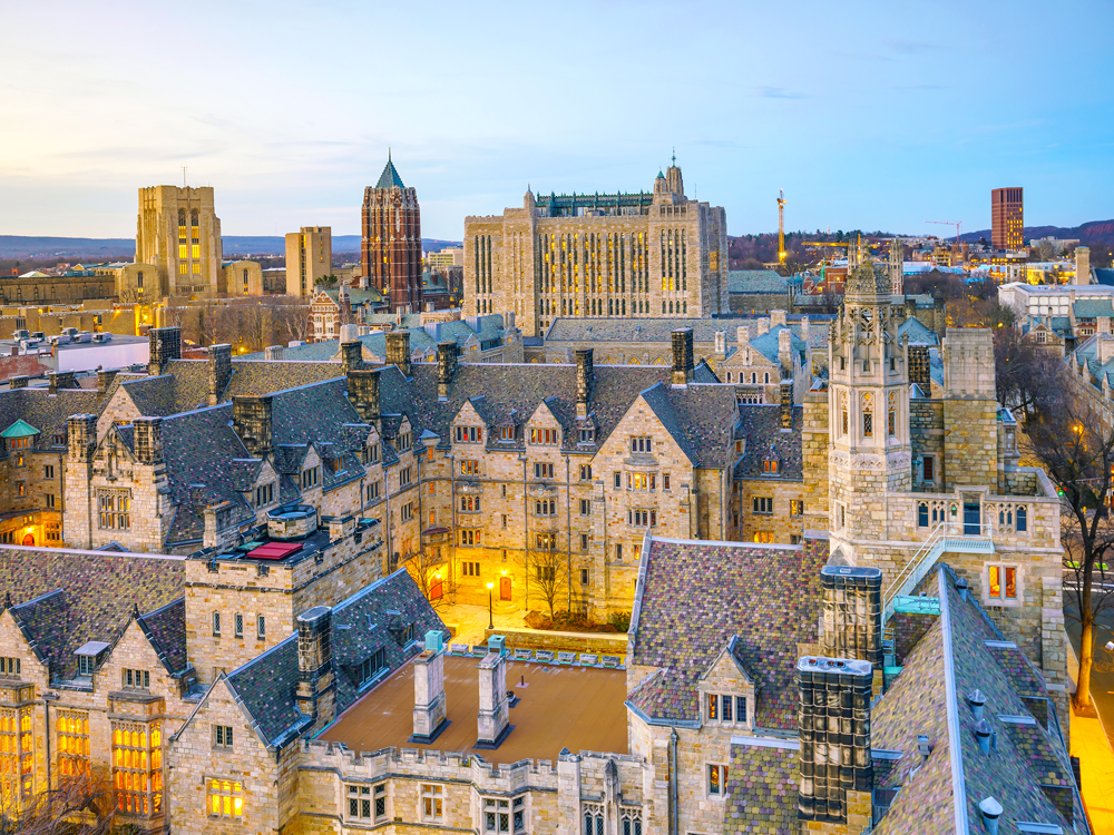 Aerial view of Yale University campus at dusk