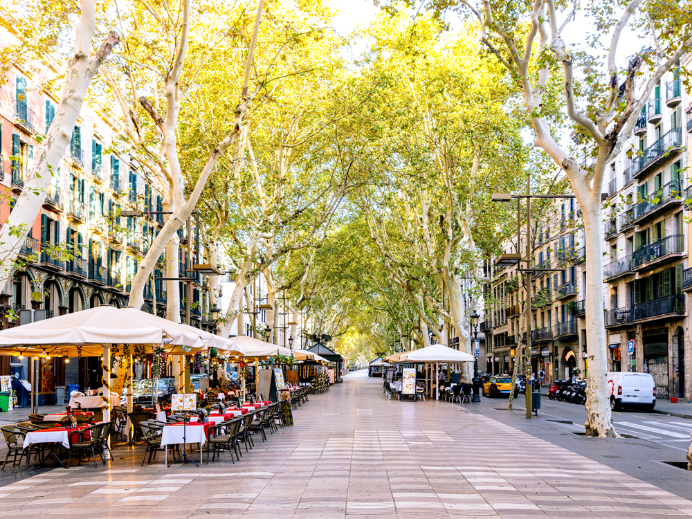 Sidewalk cafes along Las Ramblas in Barcelona, Spain