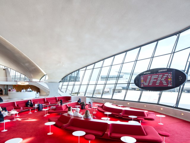 Lobby lounge inside historic repurposed airline terminal at the TWA Hotel in New York