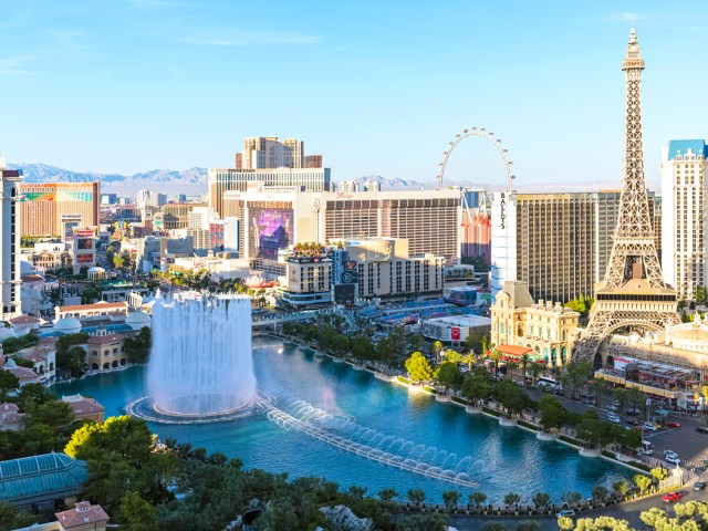 Aerial view of the Fountains of Bellagio and the Las Vegas Strip