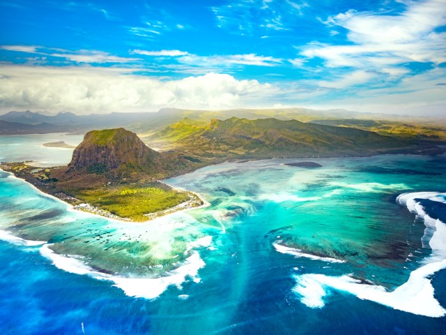 Aerial view of underwater waterfall in Mauritius