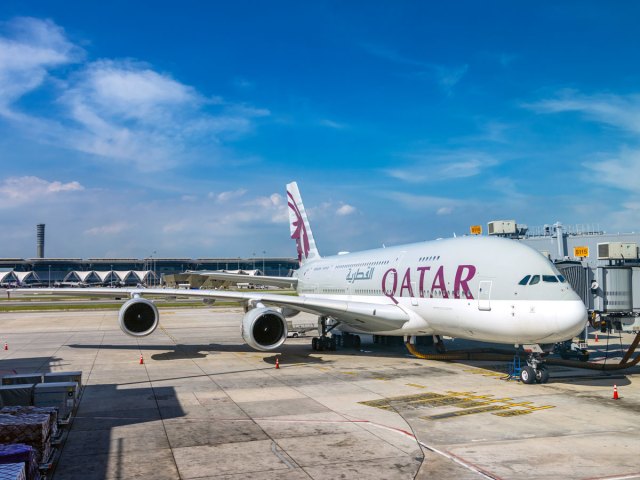 Qatar Airways Airbus A380 parked at gate