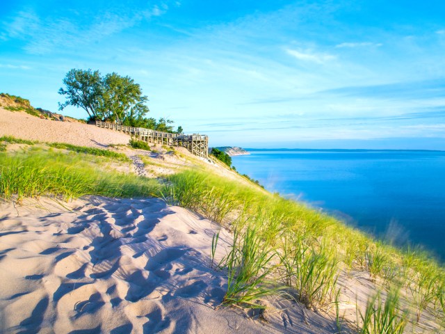 Sand dunes over Sleeping Bear Dunes Beach in Michigan