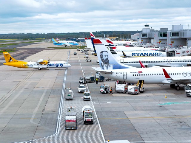 Aircraft parked at gates at London Gatwick Airport in the United Kingdom