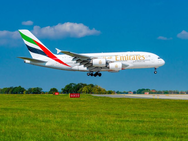 Emirates Airbus A380 landing at Prague Airport in Czechia