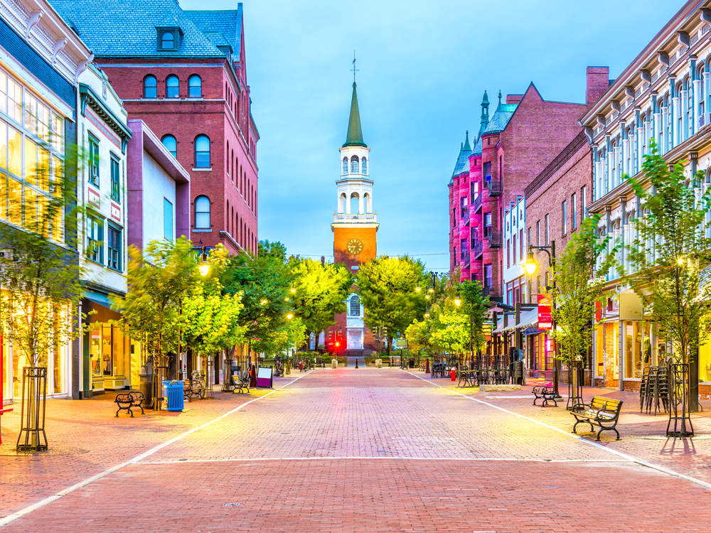 Brick road with church tower in Burlington, Vermont