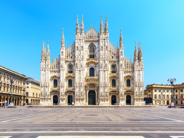 Towering facade of Il Duomo in Milan, Italy