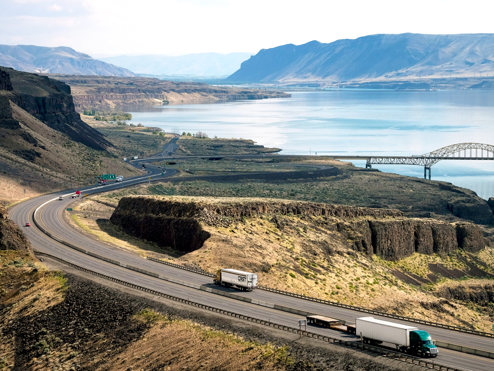 Curving section of Interstate 90 overlooking Columbia River in Washington, seen from above