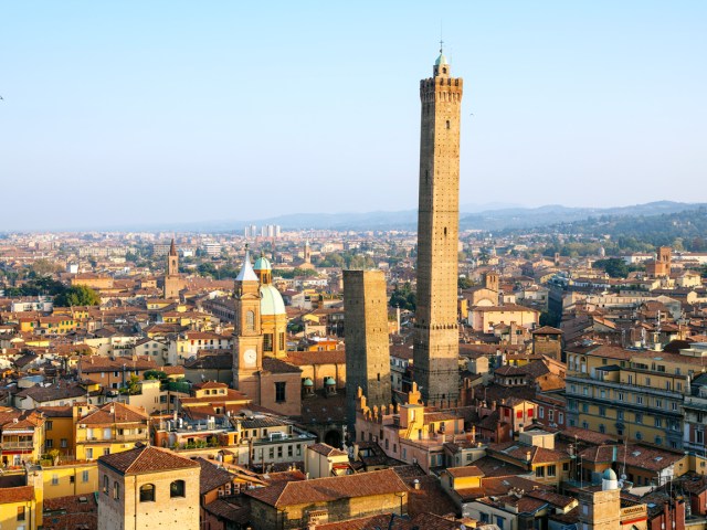 Aerial view of Bologna's Twin Towers and city skyline