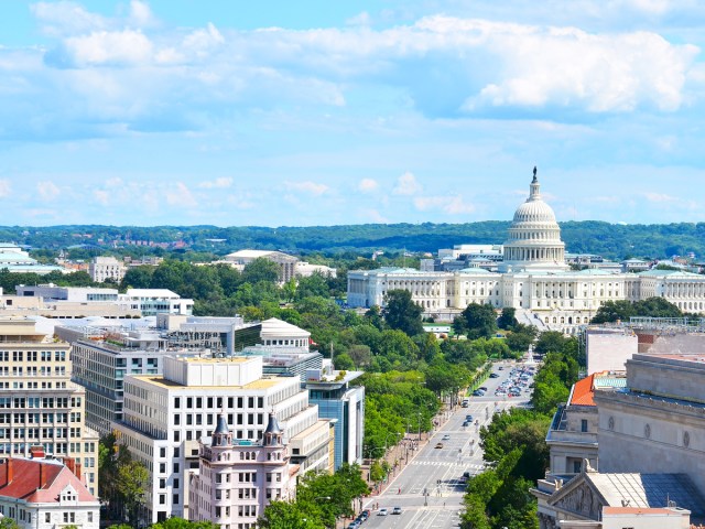 Aerial view of U.S. Capitol and Washington, D.C. skyline