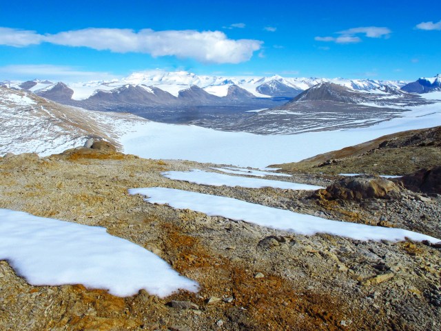 Snow and ice over dry landscape of Antarctic Polar Desert