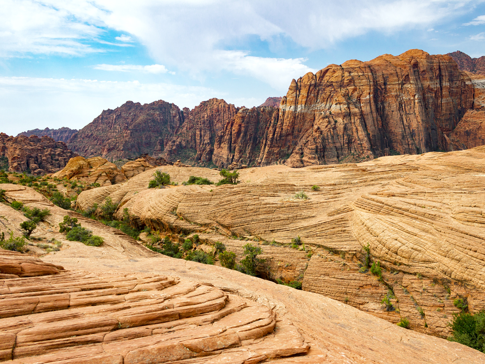 Layered sandstone rock in canyon outside of St. George, Utah