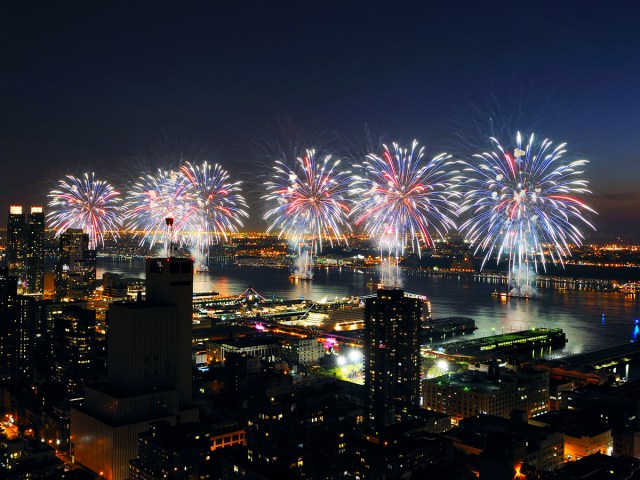 Aerial view of Macy's Fourth of July Fireworks on Hudson River in New York City