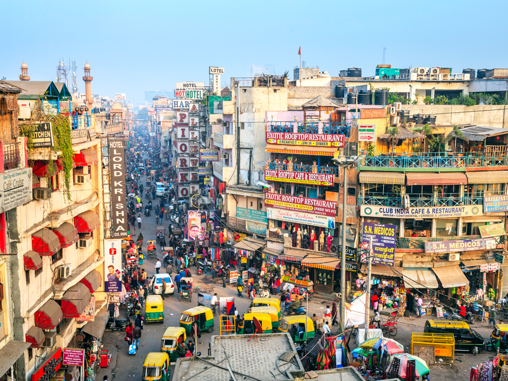 Busy bazaar in New Delhi, India, seen from above