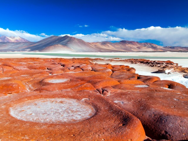 Surreal-looking red rock formations of the Atacama Desert in Chile