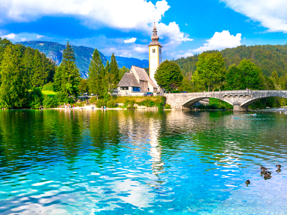Church on shores of Lake Bled in Slovenia