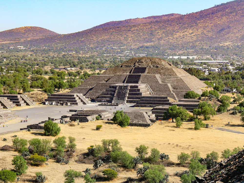 Overview of ancient pyramids at Teotihuacan archaeological site in Mexico