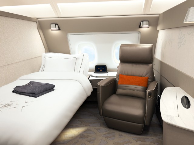 View of Singapore Airlines Airbus A380 First Class Suite, including recliner chair and separate bed