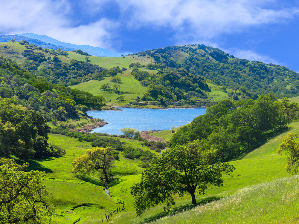 Reservoir surrounded by rolling green hills in Santa Clara, California