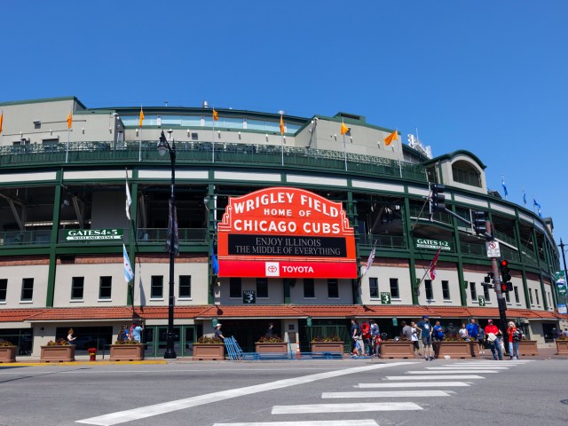 Wrigley Field in Chicago, Illinois, with iconic sign "Home of the Chicago Cubs"