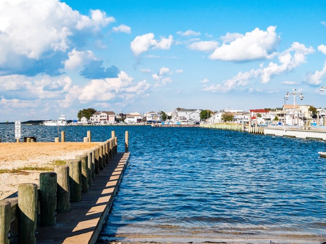 Pier overlooking marina and waterfront homes on Long Beach Island in New Jersey