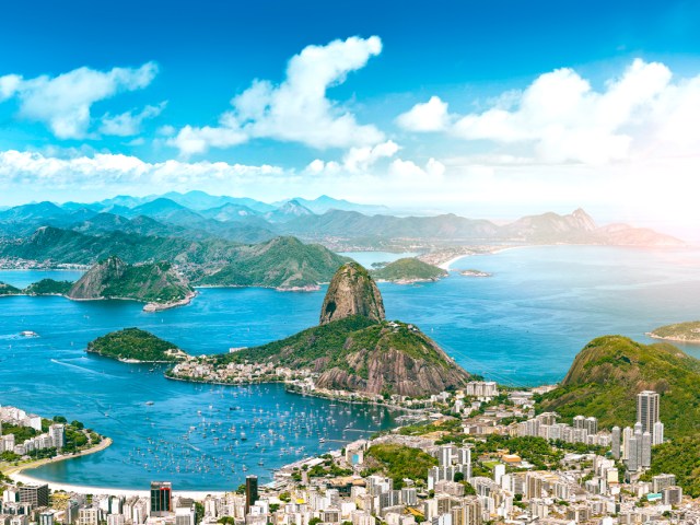 Aerial view of Guanabara Bay with Rio de Janeiro skyline and Sugar Loaf Mountain