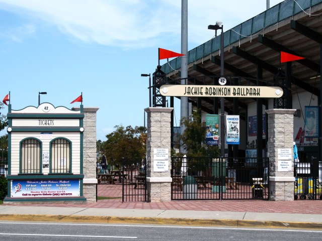 Ticket booth and entrance gate to Jackie Robinson Ballpark in Daytona Beach, Florida