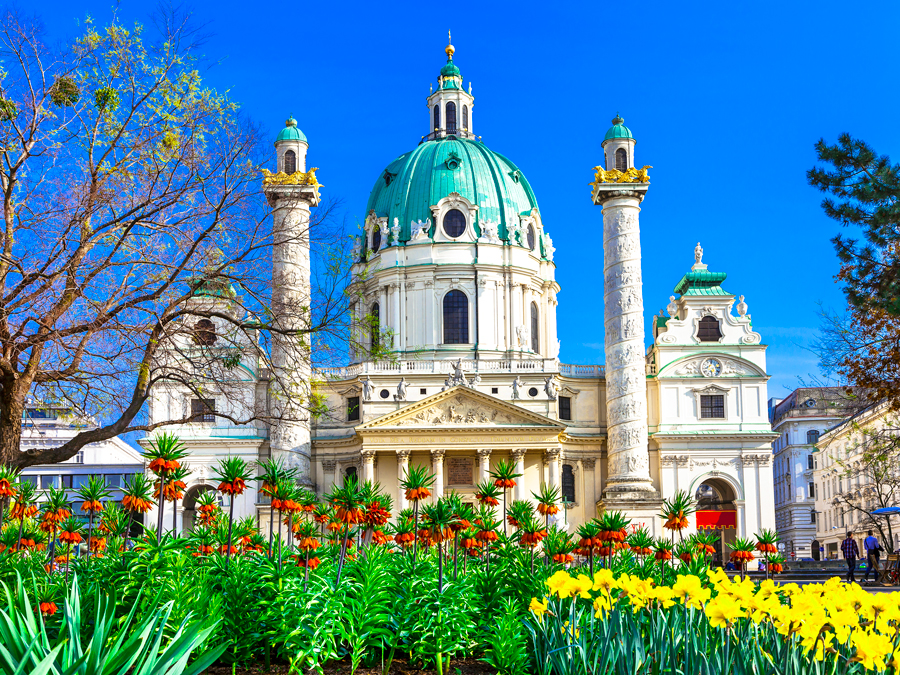 Ornate domed exterior of Karlskirche in Vienna, Austria