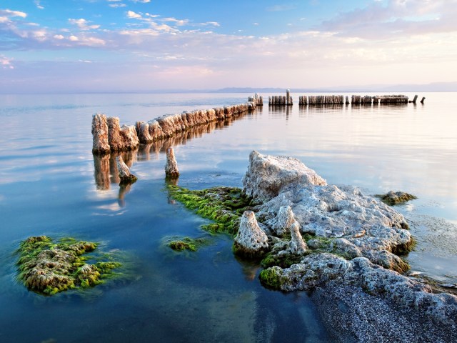 Rocks jutting out of California's Salton Sea