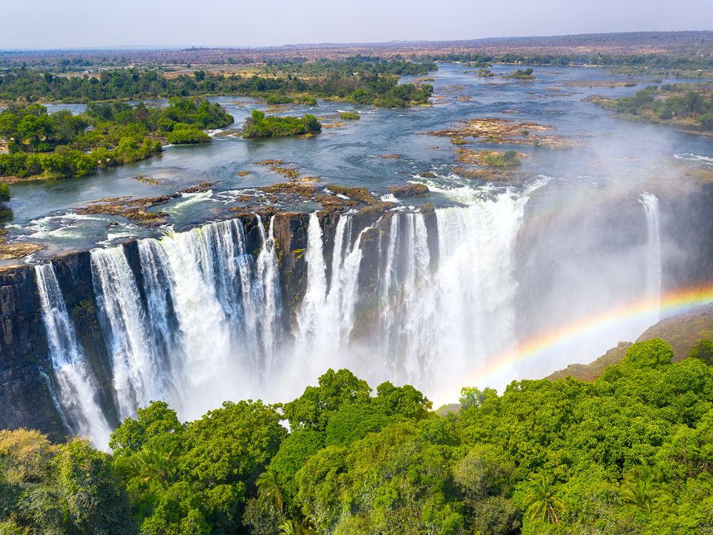 Rainbow over Victoria Falls in Zambia and Zimbabwe, seen from above