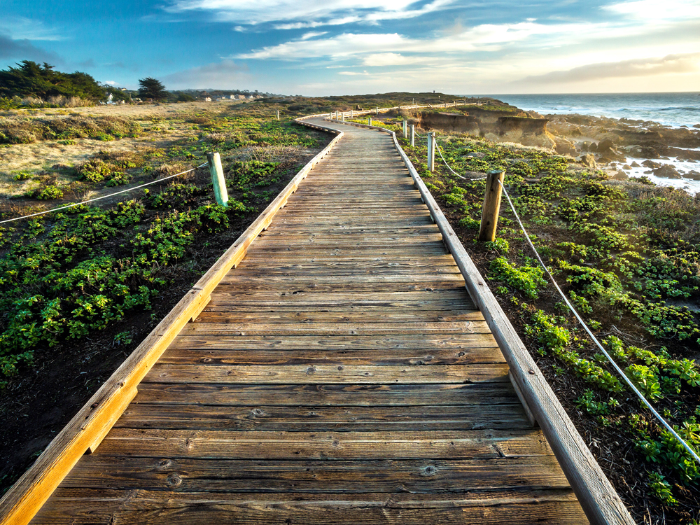 Wooden boardwalk leading to Moonstone Beach, California