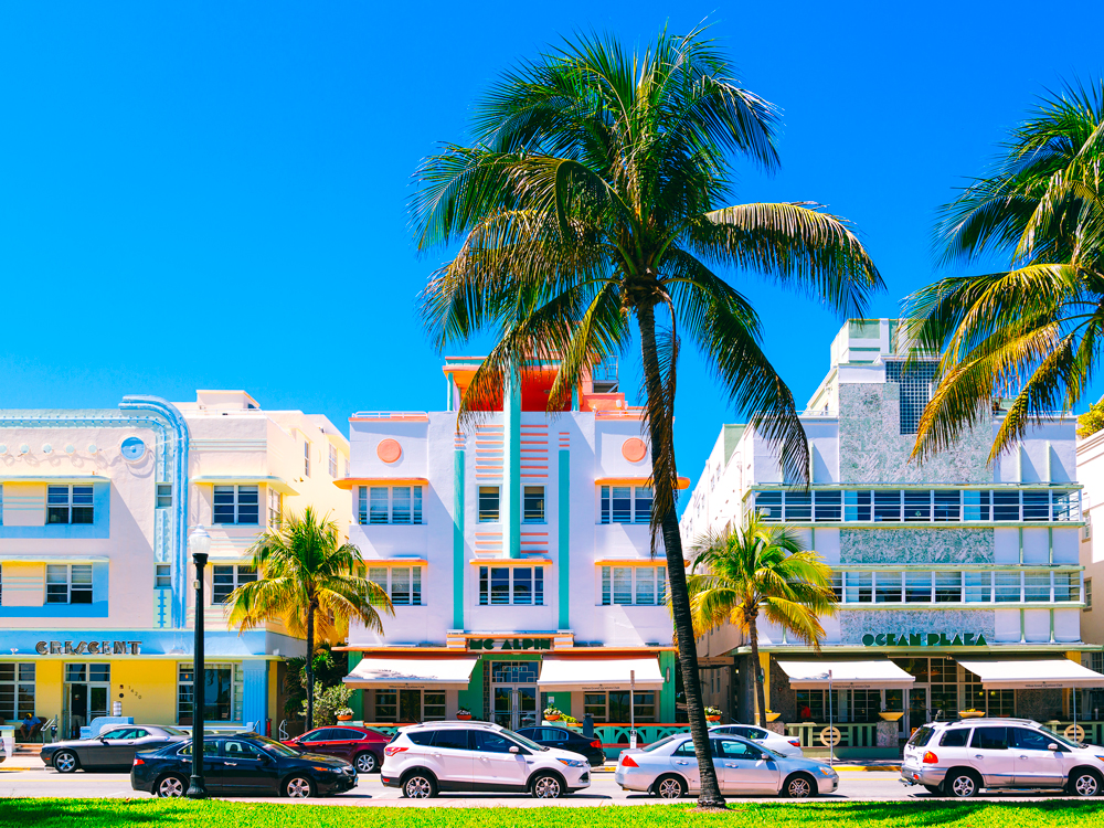 Bright art deco buildings in South Beach, Miami, Florida