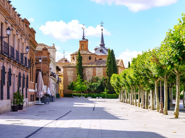 Tree-lined street leading to church in Madrid, Spain