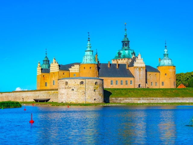 View of Kalmar Castle in Sweden across body of water