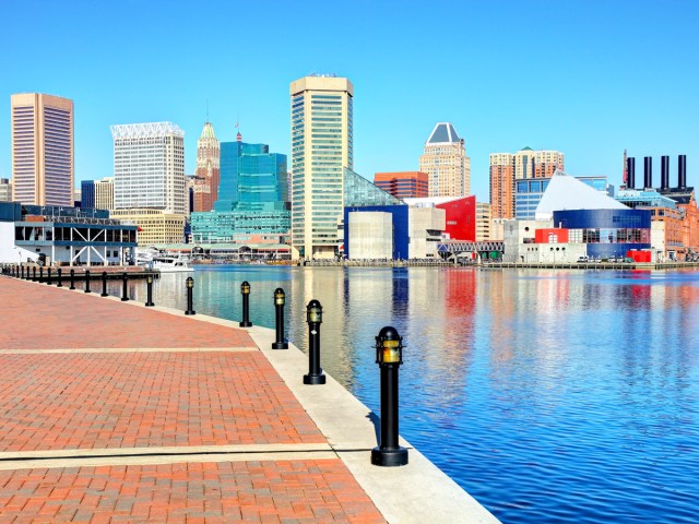 Waterfront promenade with downtown Baltimore in the distance