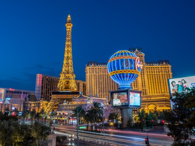 Paris Hotel with replica Eiffel Tower on Las Vegas Strip, seen at night