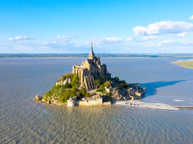 Tidal island and monastery of Mont-Saint-Michel in France, seen from above