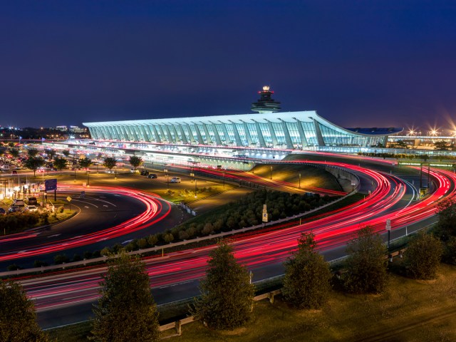 Time-lapse aerial overview of Washington Dulles' main terminal building at night