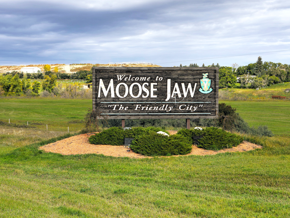 Welcome sign for Moose Jaw, Canada, with slogan "The Friendly City"