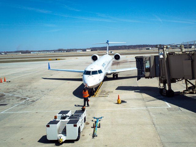 Regional jet parking at gate at Dane County Regional Airport in Madison, Wisconsin